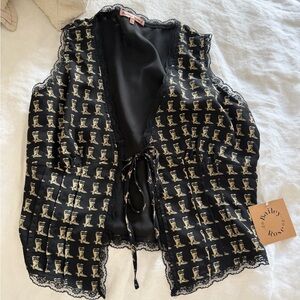 Bailey Rose Black and Gold Boot-Print Lace-Trim Top